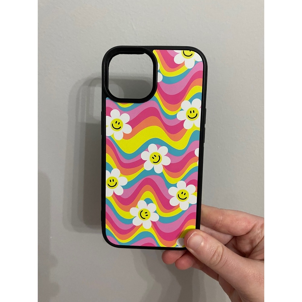 iPhone 15 Case Unisex OS Multicolor Groovy Psychedelic Daisy Smiley Face Wavy